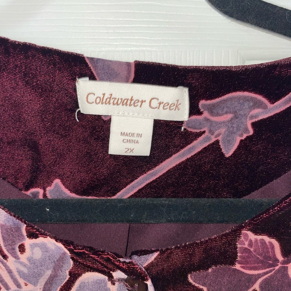 Coldwater Creek Burgundy Floral Velvet Button-Front Blouse - Picture 2 of 5